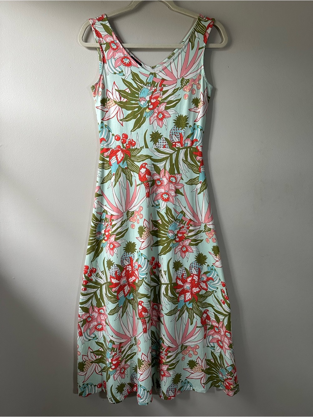 Talbots Mint Modal Blend Midi Dress With Novelty Parrot Pattern Size P Vacation